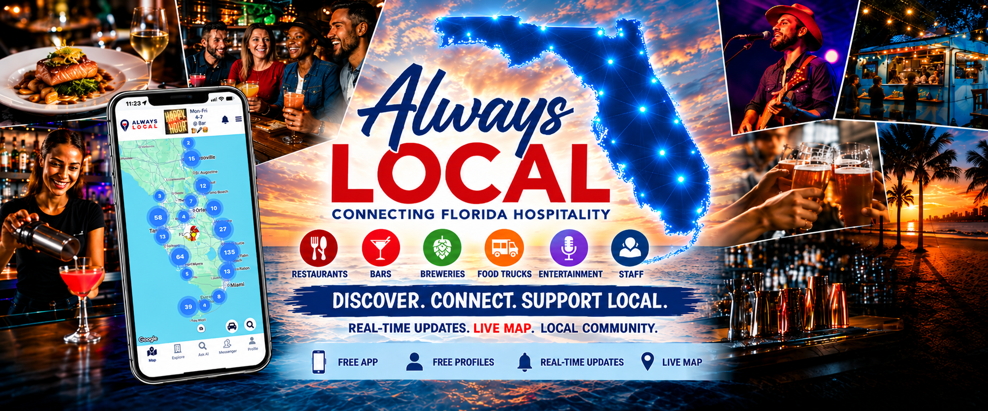 Always Local: connecting Florida hospitality. Restaurants, bars, breweries, food trucks, entertainment and staff on a live map. Discover. Connect. Support local.